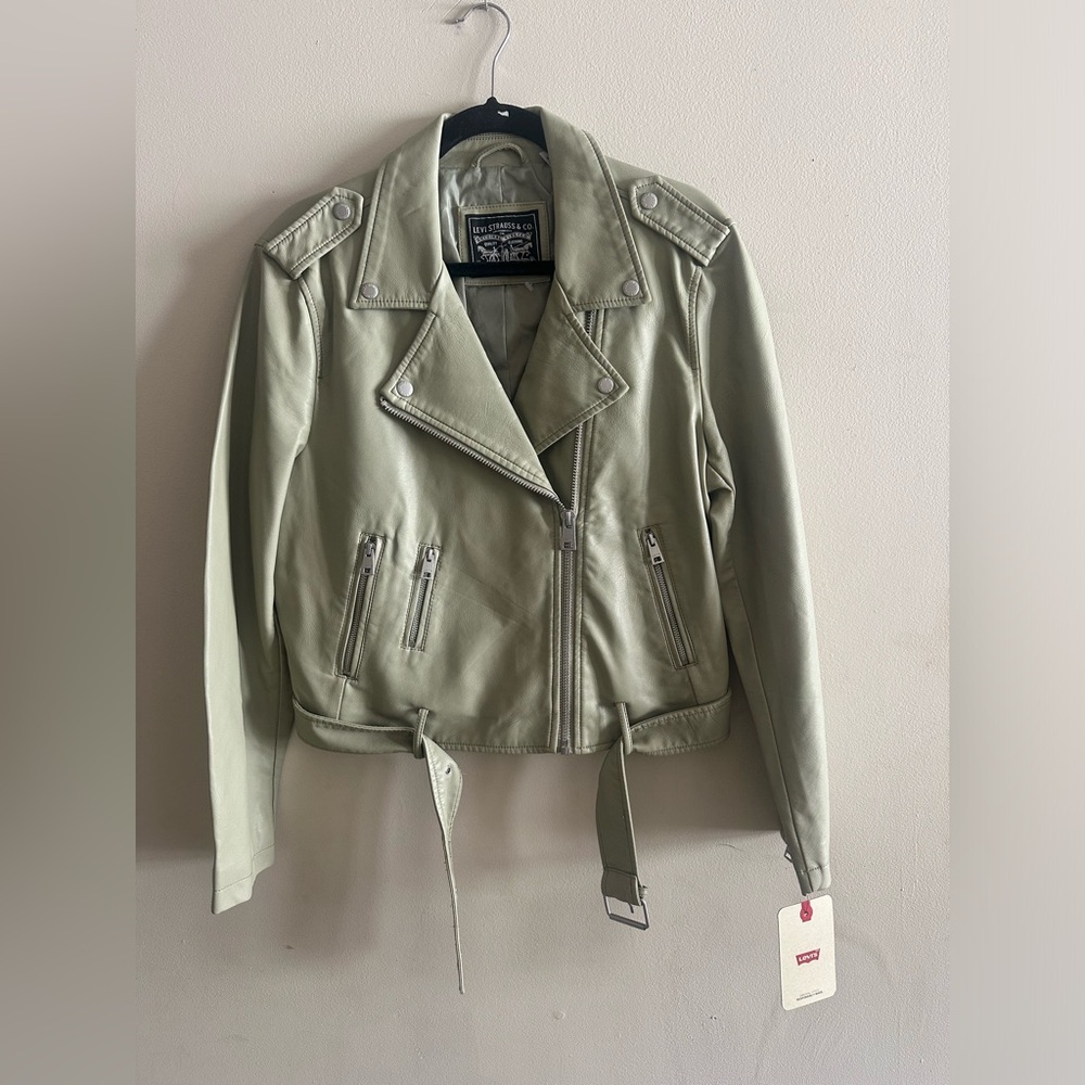 NWT Levi's Sage Green Belted Faux Leather Moto Jacket Size L